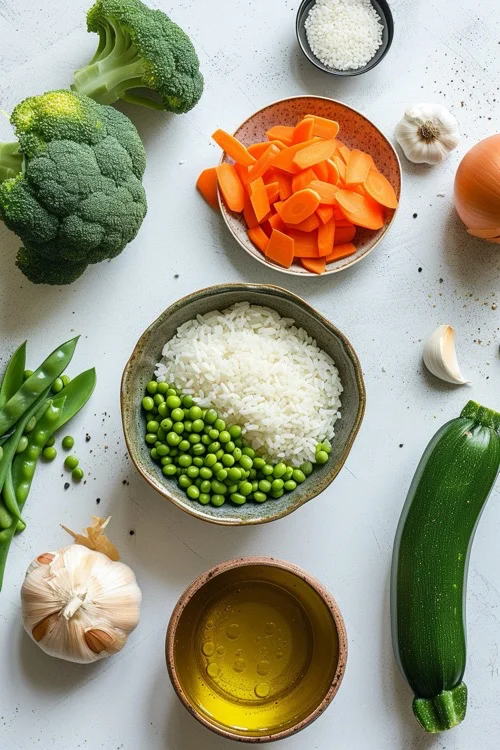 ingredientes soja verde con verduras y arroz integral